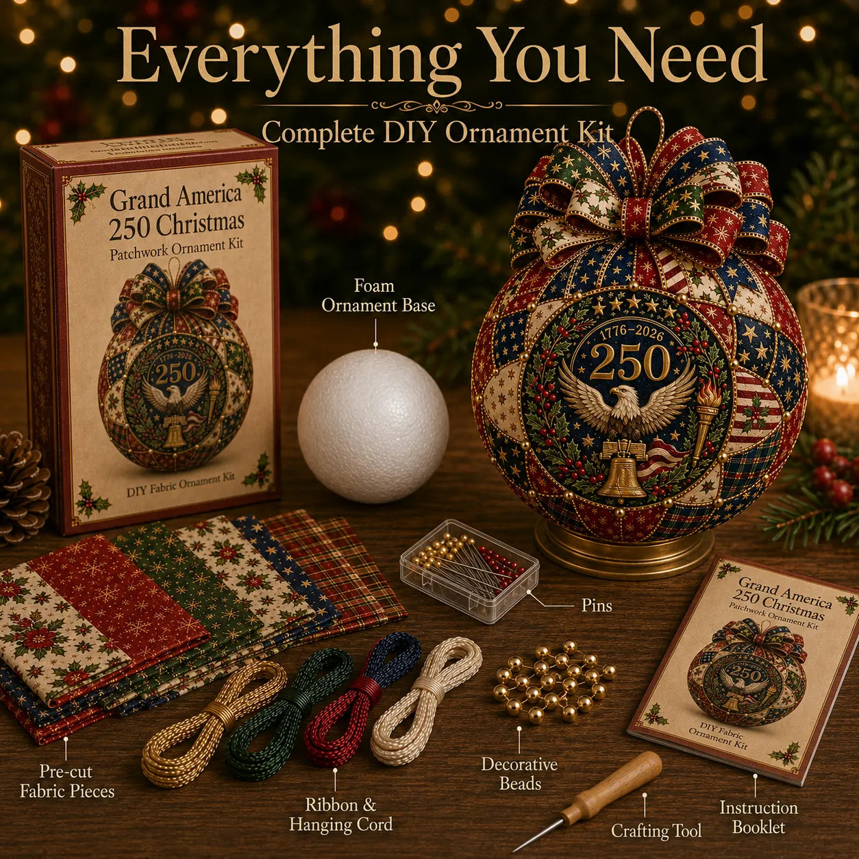 🇺🇸❤️Beginner-Friendly🎄 USA 250th Anniversary Christmas Patchwork Ornament DIY Kit
