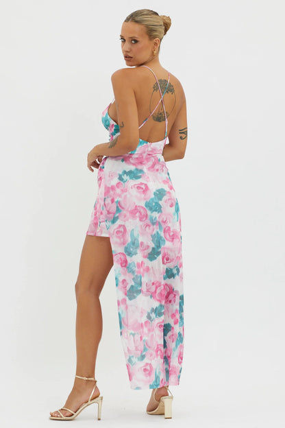 Check Mate Frill Trim Cut-Out Split Dress Floral Pink