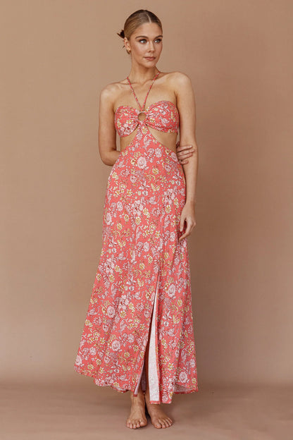 Amorcito Cut-Out Waist Midi Dress Floral Red