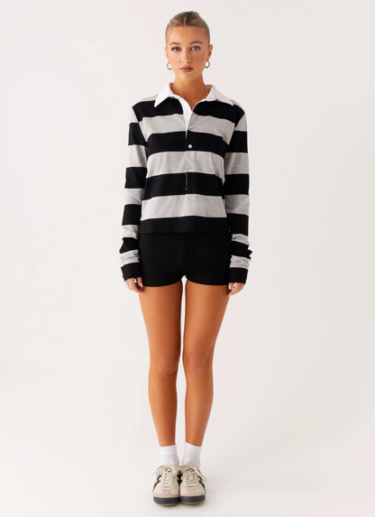 Beckett Polo Top - Grey Black Stripe