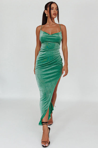Moonstone Side Split Strappy Back Midi Dress Green