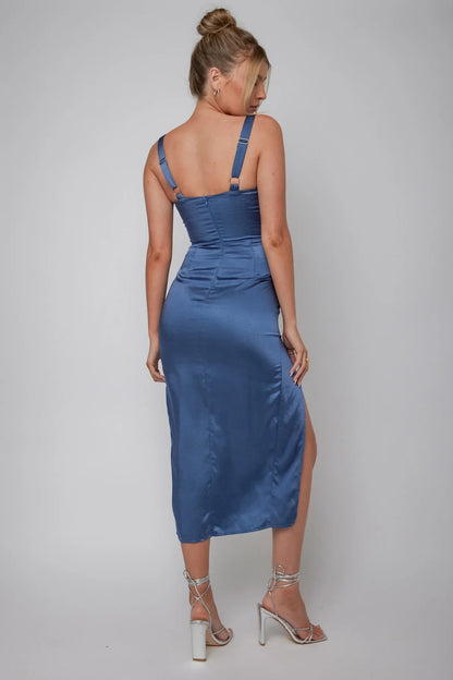 Kristin Knotted Waist Split Midi Dress Navy