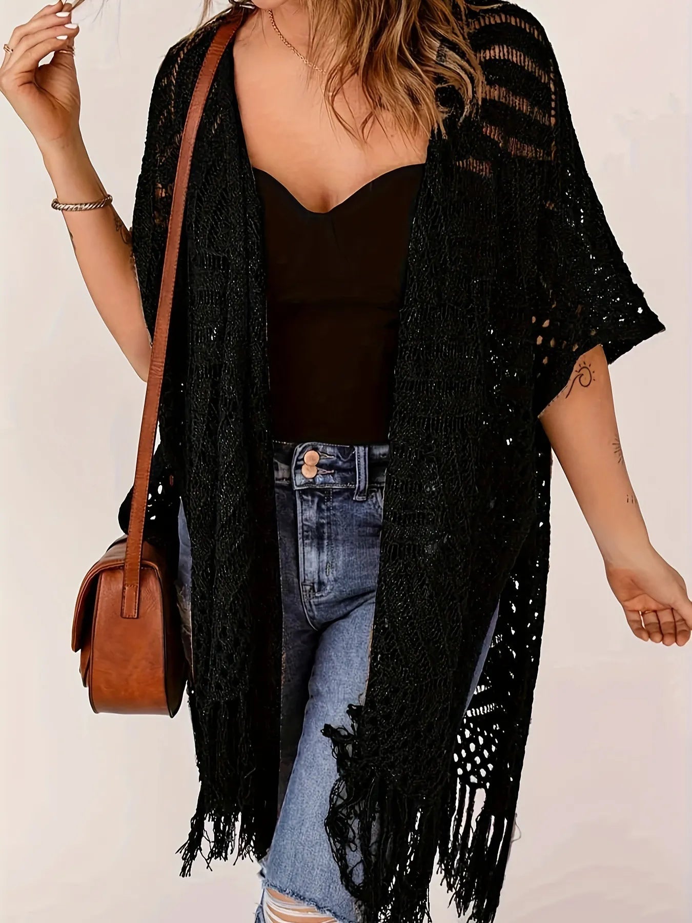 Women's Open-Front Knit Cover-Up with Tassel Fringe – Bohemian & Lightweight – Beach Essential
