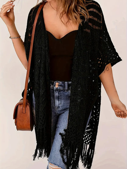 Women's Open-Front Knit Cover-Up with Tassel Fringe – Bohemian & Lightweight – Beach Essential