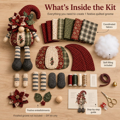 🎄Beginner-Friendly DIY Quilted Christmas Gnome Shelf Sitter Kit | Complete Kit with Coordinated Fabrics, Filling & Step-by-Step Guide Included 💕