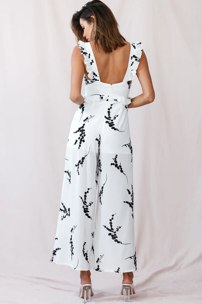 Azure Frill Strap Wide Leg Jumpsuit Floral Print White