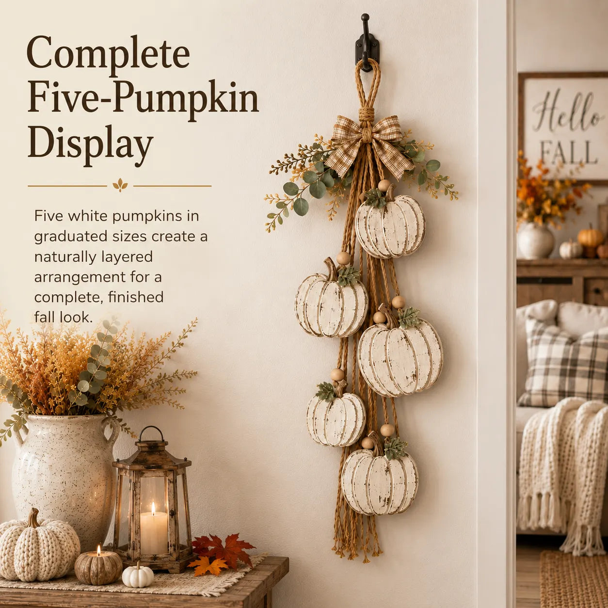 Rustic White Pumpkin Hanging Swag – 5-Pumpkin Fall Wall & Door Decor