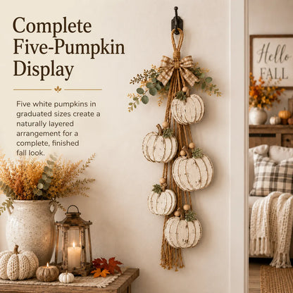 Rustic White Pumpkin Hanging Swag – 5-Pumpkin Fall Wall & Door Decor