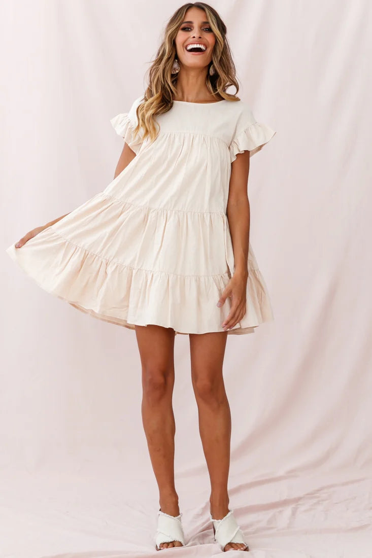 Hyacinth Ruffle Sleeve Smock Dress Beige