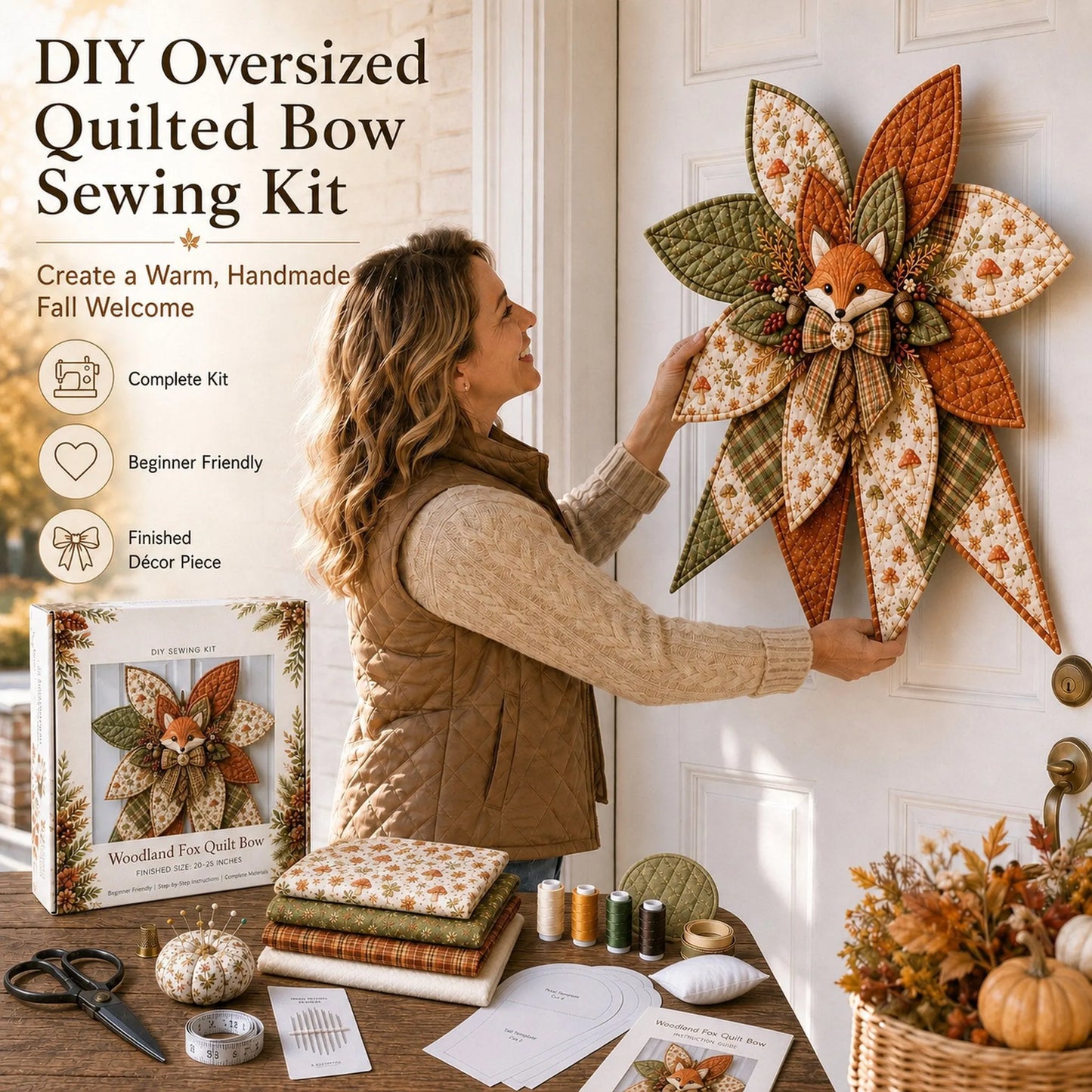 🎀 Beginner-Friendly Oversized Quilted Bow Sewing Kit | Coordinated Printed Fabrics, Batting, Pre-Designed Templates & Complete Supplies for a Full 23–25 in 3D Statement Bow ✨