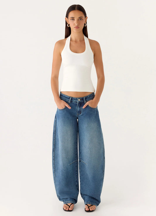 Stevie Low Rise Barrel Leg Denim Jeans - Mid Wash Blue