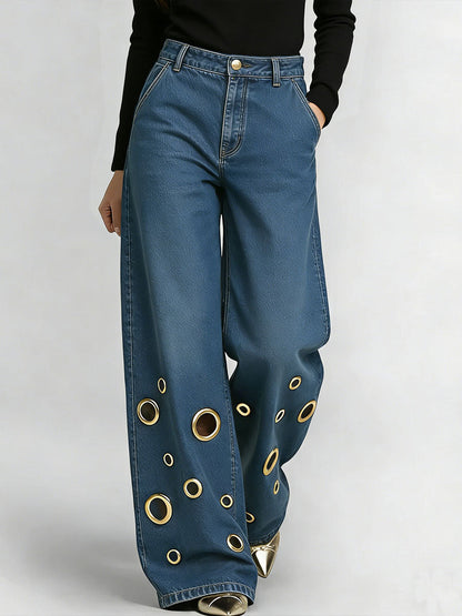 Women's High-waisted Hollow-out Design Casual Loose Wide-leg Jeans