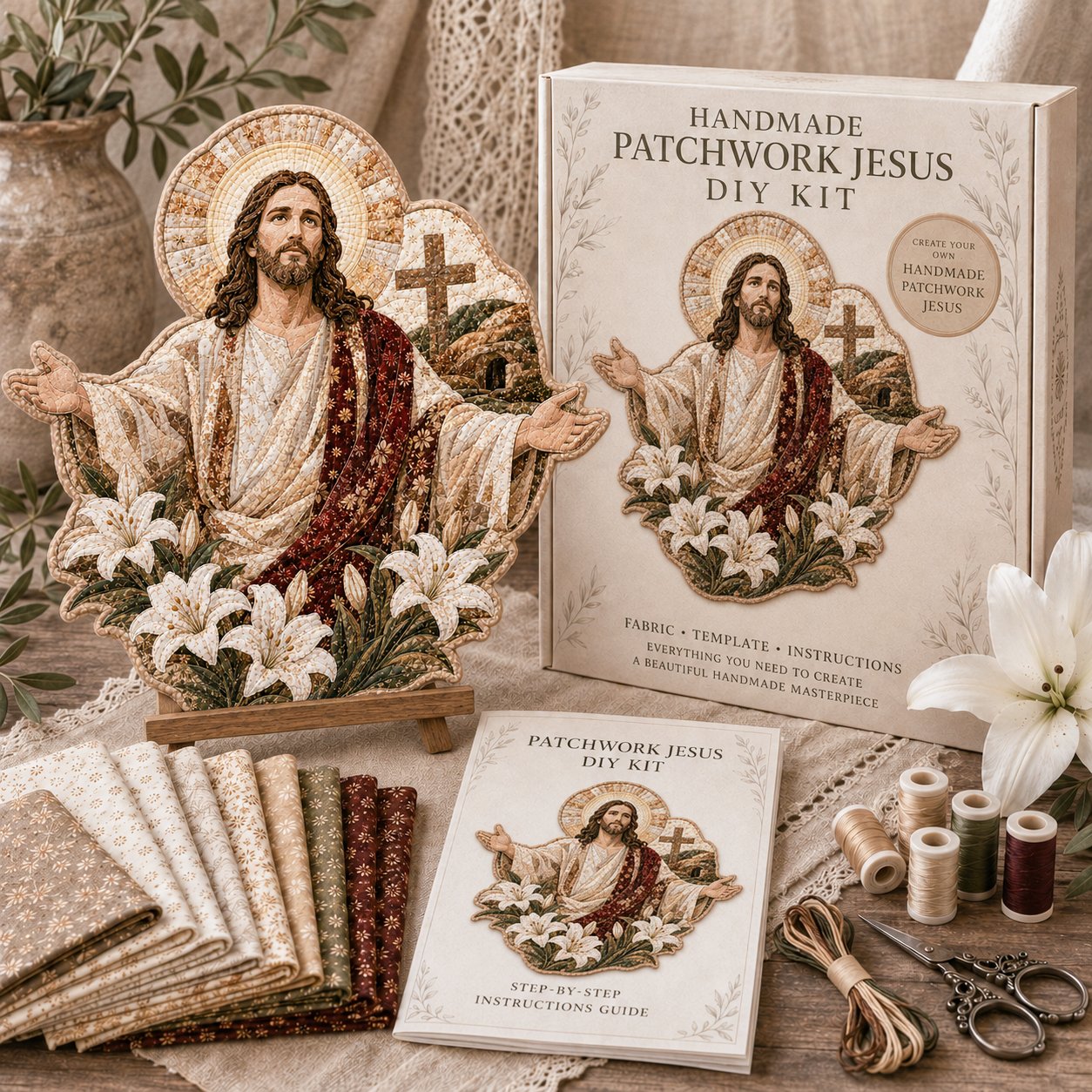 ✝️🧵 Premium Handmade Patchwork Jesus DIY Kit | High-Quality Layered Fabric with Stitched Details DIY Handmade Devotional Decor 🕊️✨