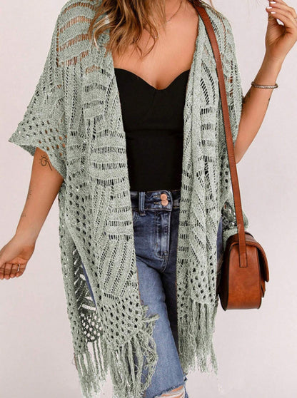 Women's Open-Front Knit Cover-Up with Tassel Fringe – Bohemian & Lightweight – Beach Essential