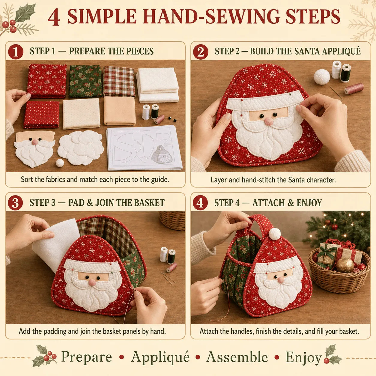 🎄Christmas Character Quilted Carry Basket | Padded Patchwork Fabrics, Layered Appliqué & Soft Carry Handle in DIY Kit or Ready-Made Styles 🎁✨