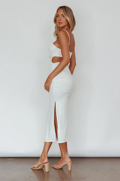 Mary Jane Gathered Bust Tie Back Midi Dress White