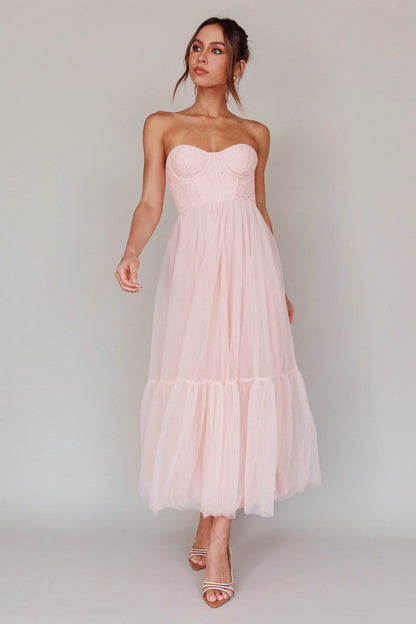 Dancing With Me Sweetheart Tulle Midi Dress Pink