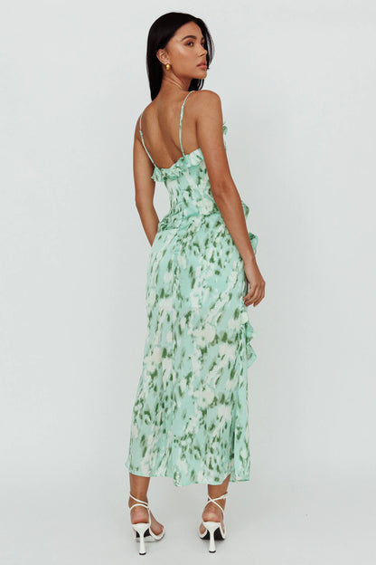 Silvana Frill Trim Midi Dress Print Green