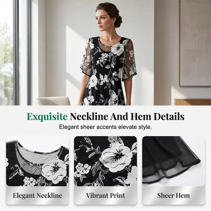 ✨ Women's A-Line Floral Dress — Double-Layer Chiffon, Elegant Print, Knee-Length Cut 👗