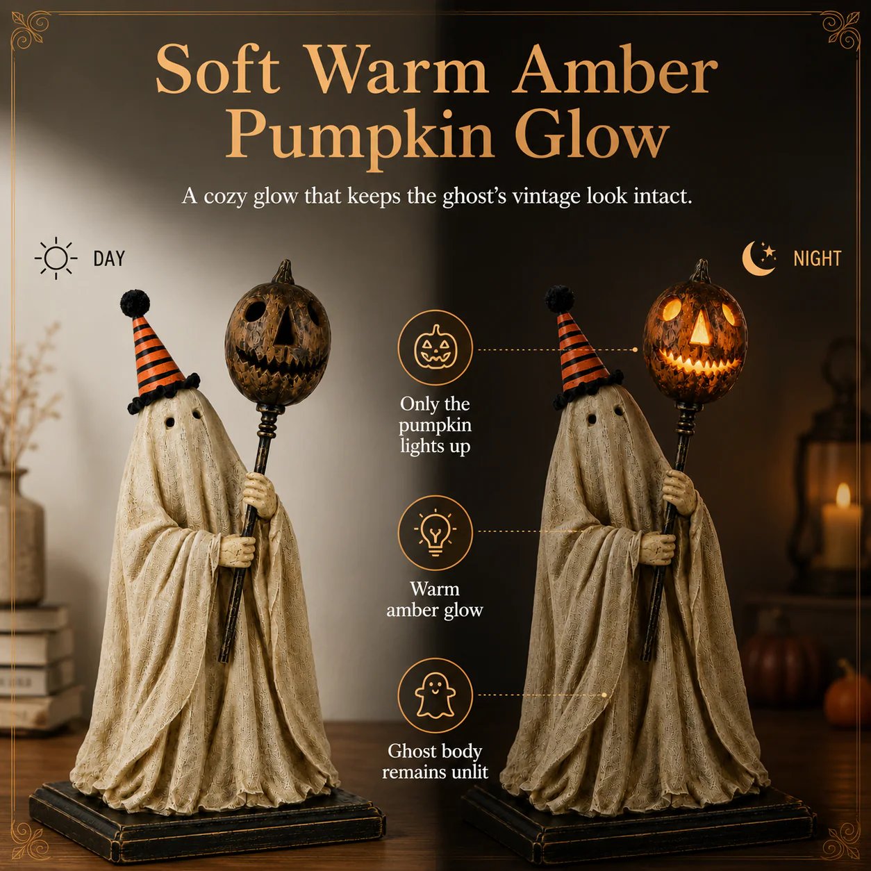 🎃✨Lighted Vintage Ghost Figurine with Glowing Pumpkin Staff