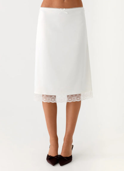 Rina Low Rise Satin Midi Skirt - White