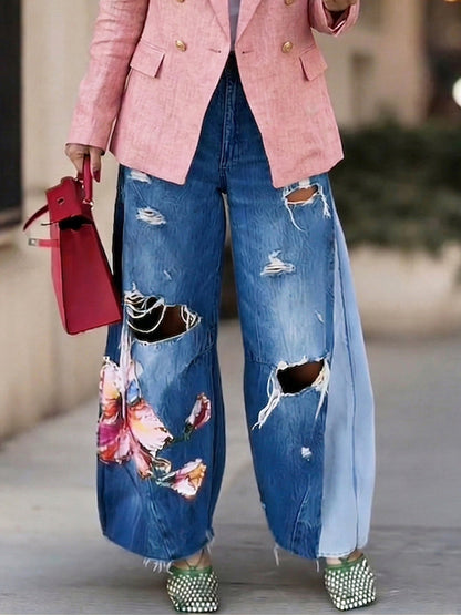 Stylish & Elegant Floral-print Loose-fit Ripped Jeans