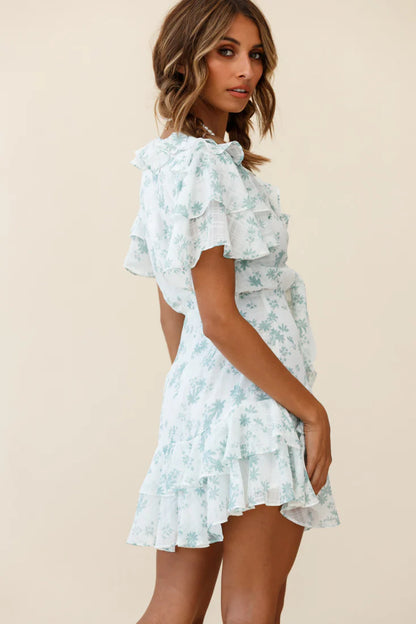 Aubrey Tied Bust Ruffle Trim Dress Floral Print Green