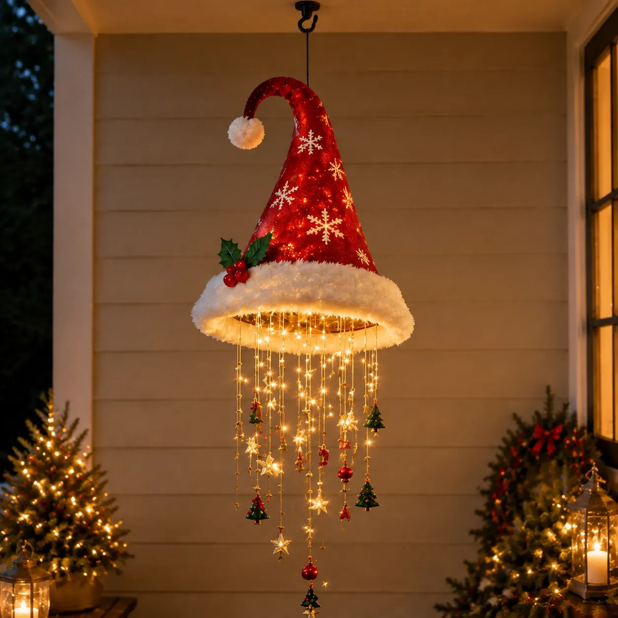 🎅 Lighted Santa Hat Hanging Chandelier 🎄 | 3 Styles Warm LED Christmas String Light | Indoor Outdoor Porch Holiday Decor Gift