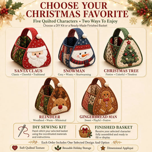 🎄Christmas Character Quilted Carry Basket | Padded Patchwork Fabrics, Layered Appliqué & Soft Carry Handle in DIY Kit or Ready-Made Styles 🎁✨