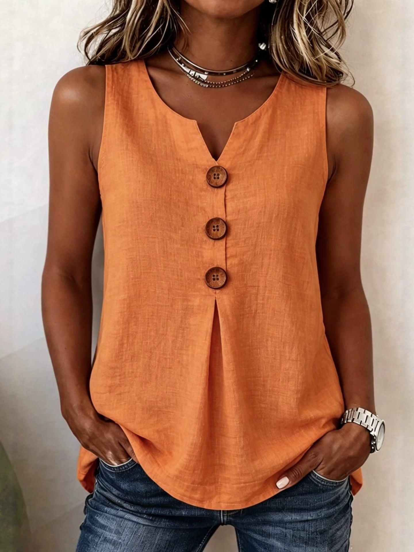 Women's Summer V-Neck Sleeveless Cotton-Linen Button-Down Top