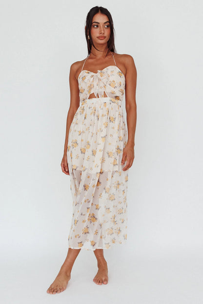 Los Feliz Tied Bust Halterneck Midi Dress Sheer Floral Yellow