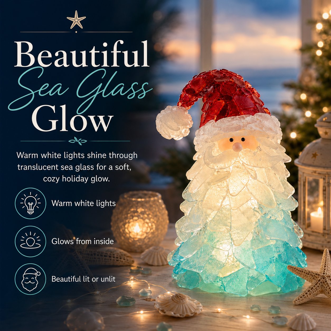 🎅DIY Lighted Sea Glass Santa Christmas Decor Kit | Complete Kit with Sea Glass Pieces, Warm Fairy Lights & Step-by-Step Guide Included 💕