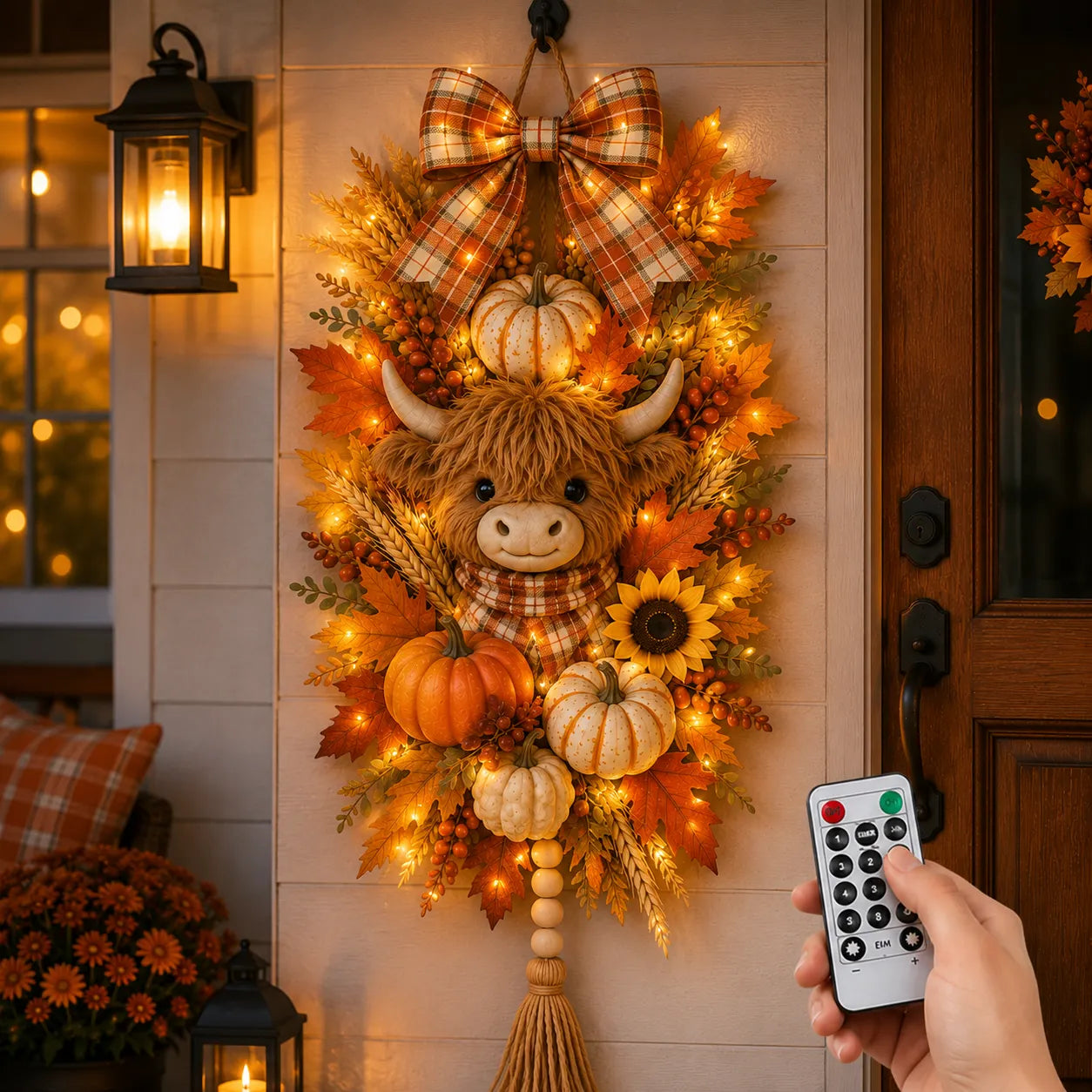 🐮🏡 Highland Cow Harvest Door Decoration with Warm Lights
