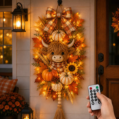 🐮🏡 Highland Cow Harvest Door Decoration with Warm Lights