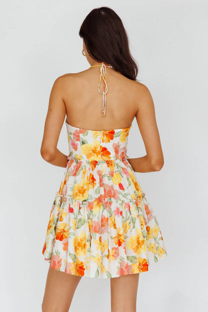 Horizons Frill Trim Mini Dress Floral Yellow