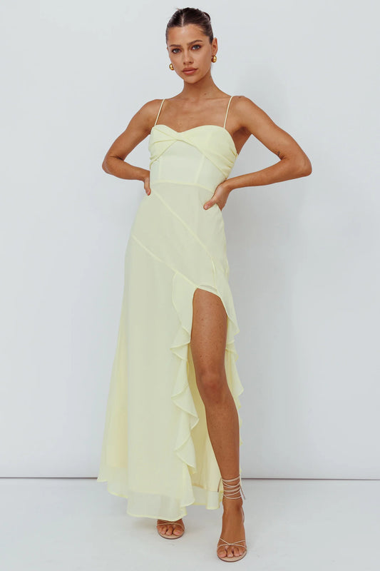 Jayna Ruffle Trim Split Dress Yellow