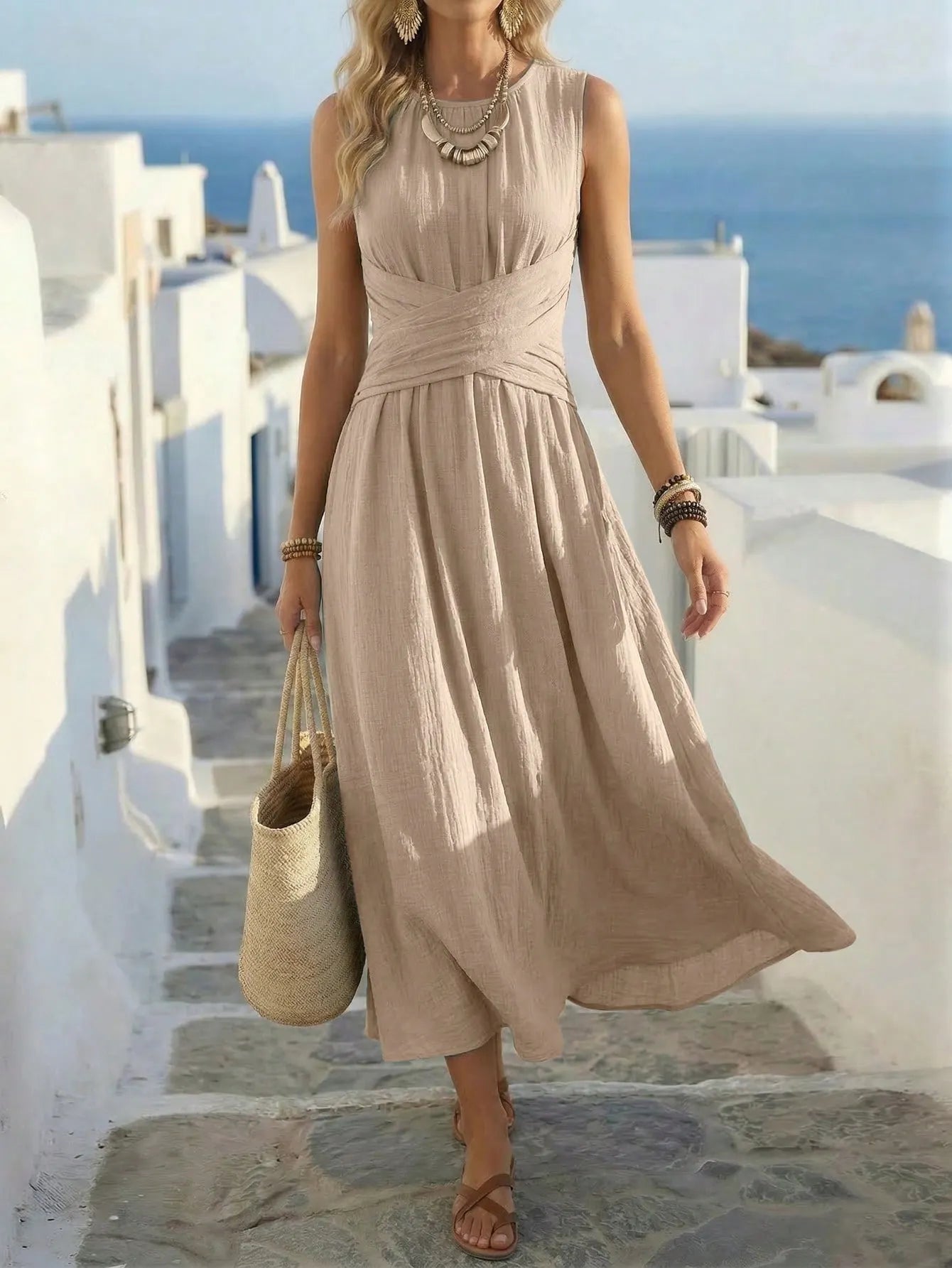 Sleeveless Long Dress, European and American Style, Waist-Cinched Dress, Full-Skirted Long Dress, Vacation and Casual Wear