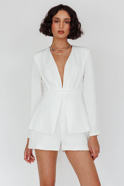 Kamanah Long Sleeve Plunging Neckline Romper White