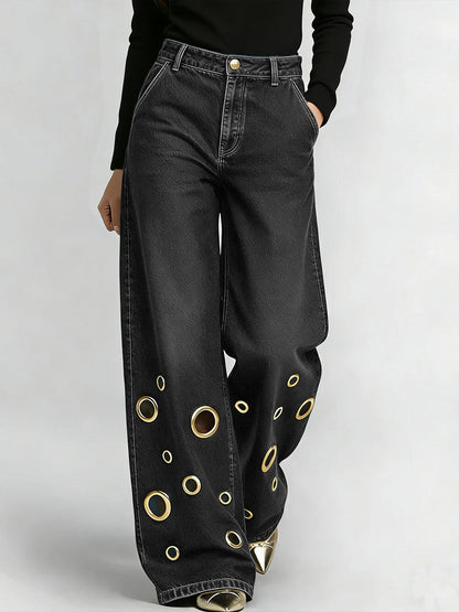 Women's High-waisted Hollow-out Design Casual Loose Wide-leg Jeans