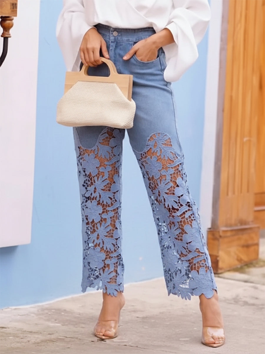 Fashionable And Casual Patchwork Hollowed-out Lace Jeans