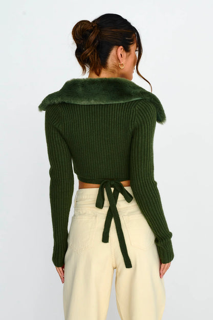 Hollyoak Fur Collar Knit Crop Top Dark Olive