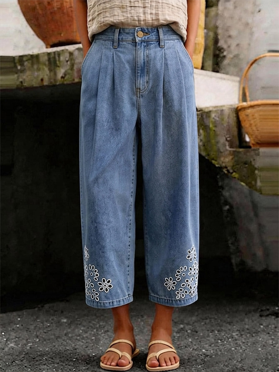 Women's Retro Cutout Casual Straight-leg Cropped Jeans