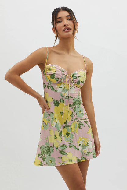 Fortune Lace Trim Bust Tie Mini Dress Floral Pink