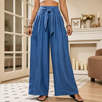 High Waisted Tie Front Wide Leg Pants for Women