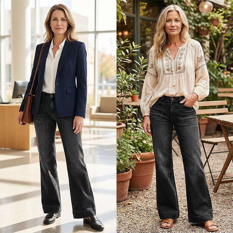 👖 Women's Retro Flare Jeans – Stretch Denim, Functional Pockets & Vintage High-Waist Fit 🌟