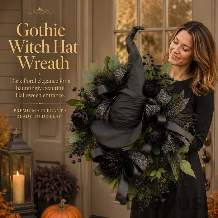 🧙Premium Gothic Black Rose Witch Hat Wreath – Haunting Elegant Halloween Front Door Statement Decor