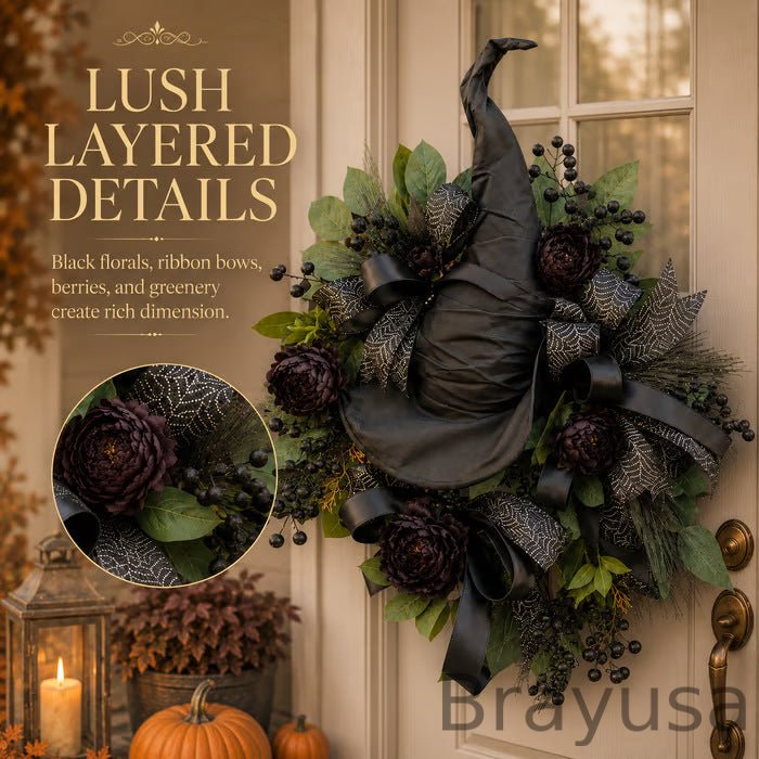 🧙Premium Gothic Black Rose Witch Hat Wreath – Haunting Elegant Halloween Front Door Statement Decor