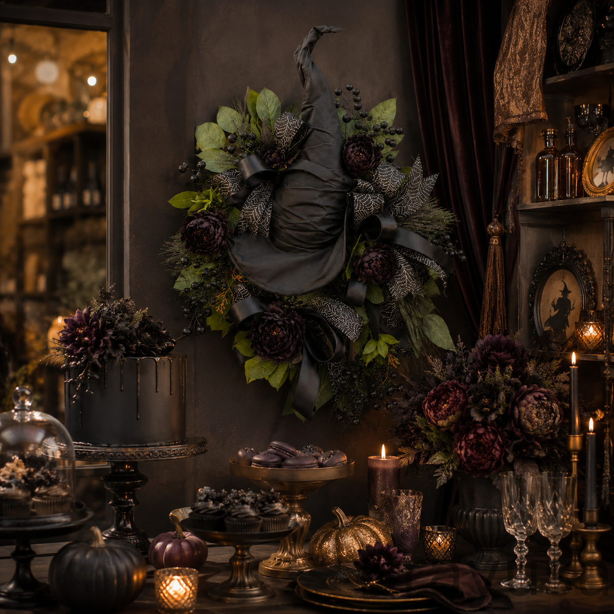 🧙Premium Gothic Black Rose Witch Hat Wreath – Haunting Elegant Halloween Front Door Statement Decor