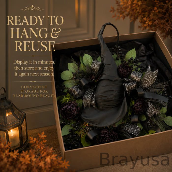 🧙Premium Gothic Black Rose Witch Hat Wreath – Haunting Elegant Halloween Front Door Statement Decor