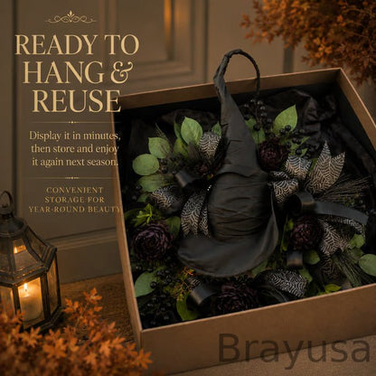 🧙Premium Gothic Black Rose Witch Hat Wreath – Haunting Elegant Halloween Front Door Statement Decor